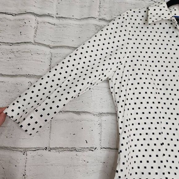 Foxcroft Wrinkle Free Fitted Cotton Geometric Button Up Blouse Black White Sz 8 - Picture 5 of 13